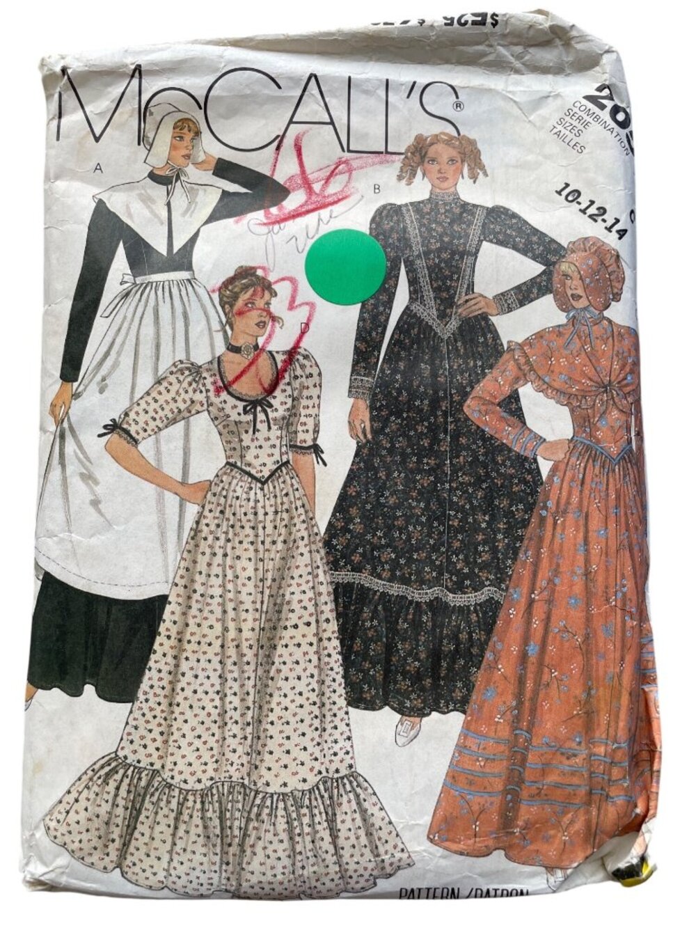 McCalls 2056 Pattern Size 10-14 Frontier Pioneer Pilgrim Puritan Dress CUT